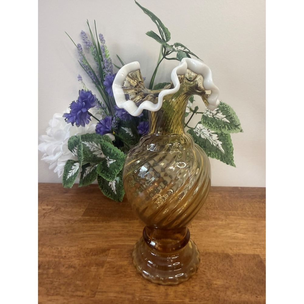 Vintage Amber Art Glass Vase White Ruffled Rim Pedestal Swirl‎ Mid Century Decor